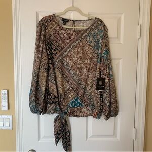 I.N. Studio Multicolor Long Sleeve Patterned Blouse with Tie Boho Casual Chic